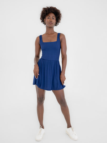The Mari Skort Dress, Ribbed Lapis – IMBŌDHI